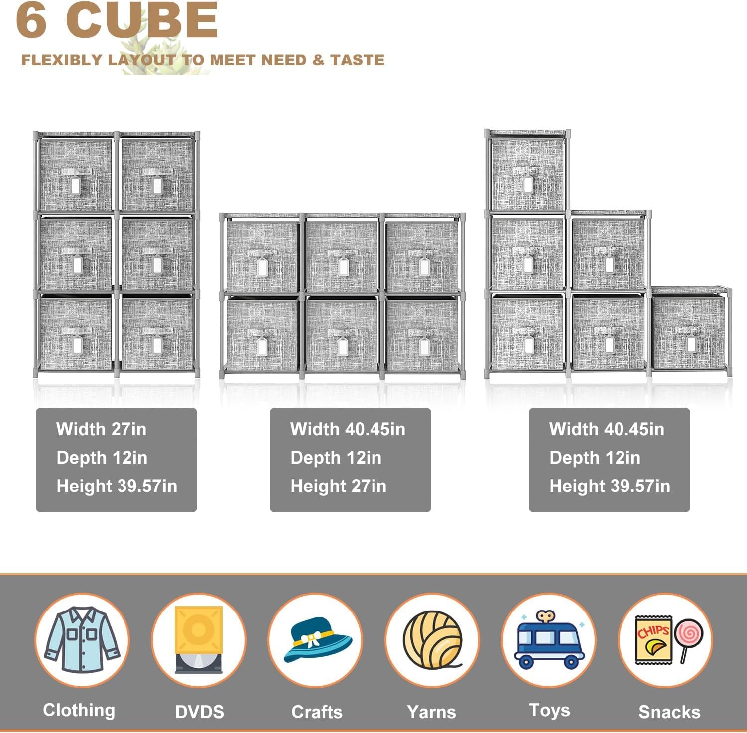 Cube Storage Organizer Shelf with 6 Printed Bins + Labels, Cubby Storage Organizer with Bins, Large Capacity Shelves for Storage,Closet, Living Room, Dorm, Yarn