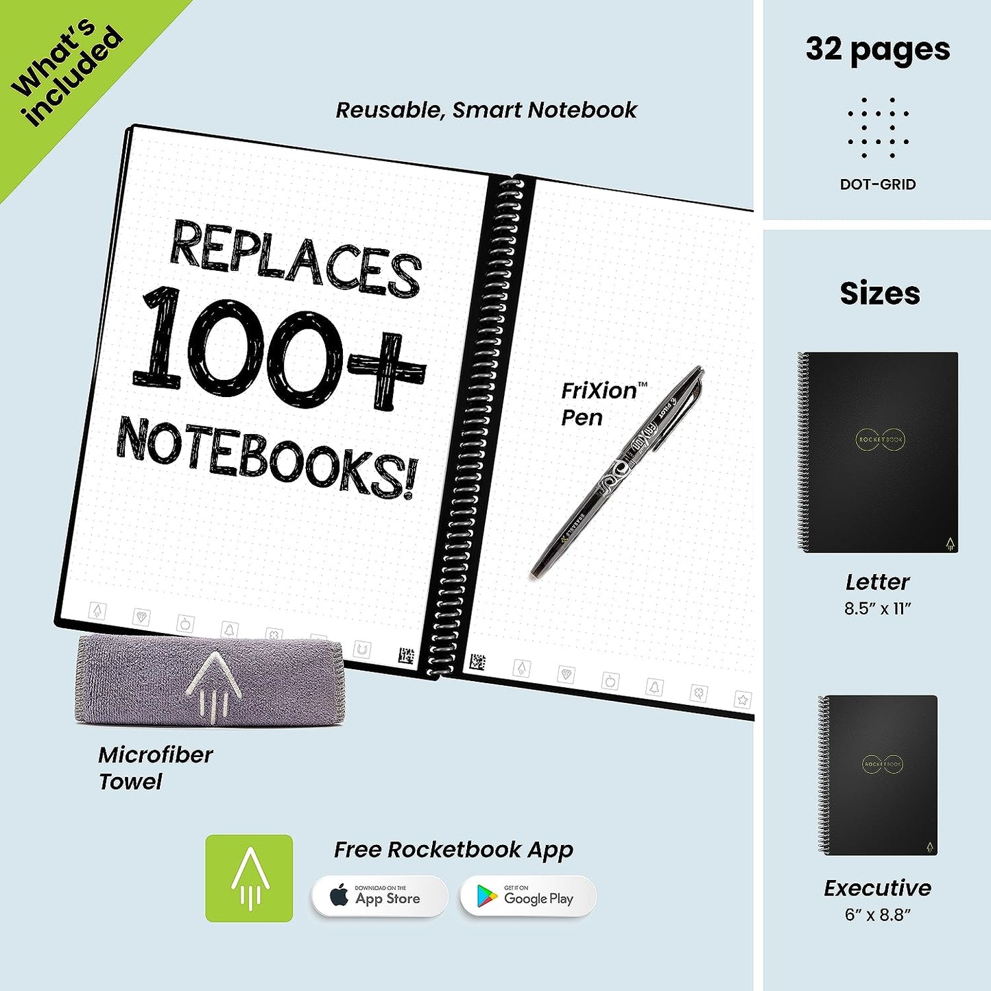 Core Reusable Smart Notebook | Innovative, Eco-Friendly, Digitally Connected Notebook with Cloud Sharing Capabilities | Dotted, 8.5" X 11", 32 Pg, Infinity Black, with Pen, Cloth, and App Included