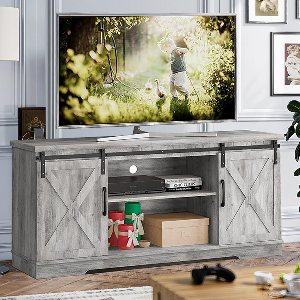 TV Stand Farmhouse Entertainment Center for 65 Inch TV Media Console Cabinet, Gray Barn Doors TV Stand with Storage and Shelves, Modern TV Console Table Furniture (Gray)