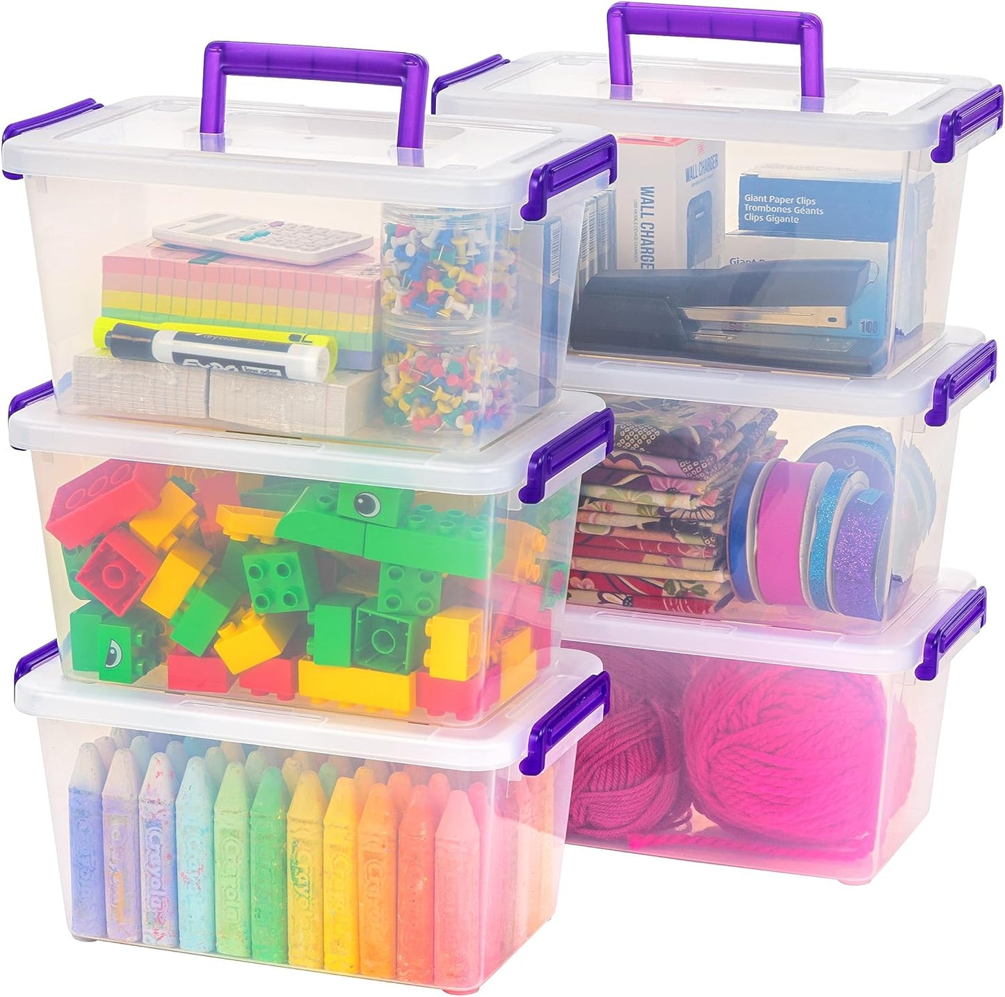 USA Plastic Storage Bins with Lids 5.4 Qt. Craft Organizers and Storage with Handle, Art Supply Storage Organizer, Arts and Crafts Organizer, Stackable and Secure Latch, Clear/Violet - 6 Pack