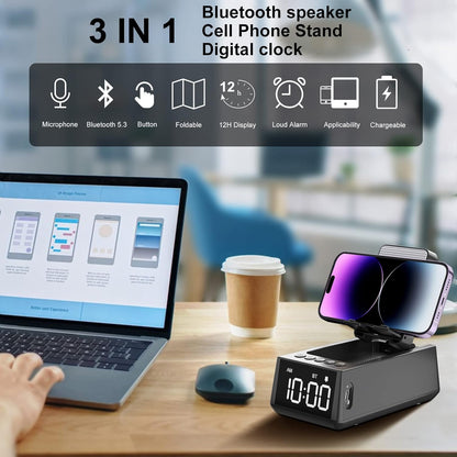 Wireless Bluetooth Speaker with Cell Phone Stand Loud Alarm Clock TF Card Reader 12H Display Mic HD Surround Sound Kitchen Bedroom Office Cell Phone＆Tablet (Black)