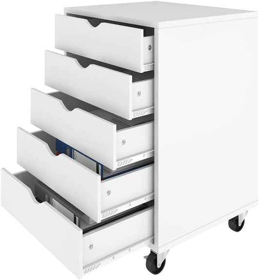 5 Drawer Chest, Mobile File Cabinet with Wheels, Home Office Storage Dresser Cabinet, White - Design By Technique