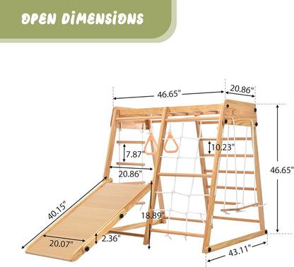 Indoor Playground 8-In-1 Jungle Gym Toddler Climbing Toys with Slides and Play Table Wooden Rock Climbing Ladder with Rope Wall Swing Rings Kids Slides Playset Natural Wood as Shown One Size