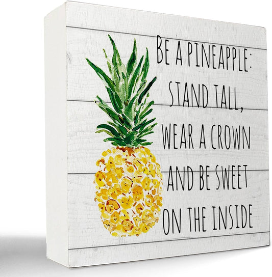 Be a Pineapple Stand Tall Wear a Crown Wooden Box Sign Desk Decor,Rustic Summer Pineapple Wood Block Plaque Box Sign for Home Girls Room College Dorm Wall Shelf Tabletop Decoration