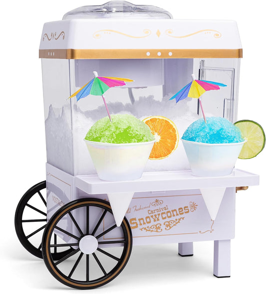 Snow Cone Shaved Ice Machine - Retro Table-Top Slushie Machine Makes 20 Icy Treats - Includes 2 Reusable Plastic Cups & Ice Scoop - White