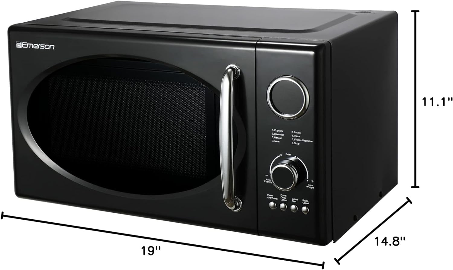 Radio .9 Cu Ft Digital Microwave Oven, Grill Function, 1,000 Watt, Retro & Chrome, 8 Pre-Programmed Settings, Express & Defrost, Chrome Handle & Control Buttons, Timer & LED Display,Black