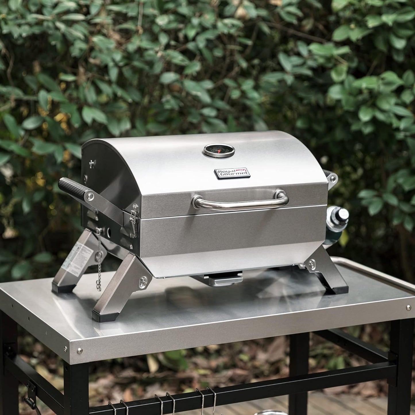 Stainless Steel Portable Grill with Two Handles and Travel Locks, Tabletop Propane Gas Grill with Folding Legs, 10000 BTU, for Picnic Cookout, GT2001, Silver
