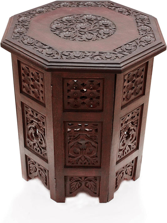 Solid Wood Accent End Table - Hand Carved Vintage Boho Folding Side Table - Small Spaces Entryway Farmhouse Living Room Bedside - No Tools Assembly - 18X18 Octagon - Brown