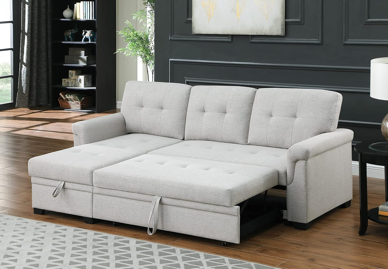 Lucca Light Gray Linen Reversible Sleeper Sectional Sofa with Storage Chaise