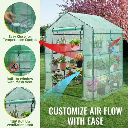 Greenhouse, 56 X 56 X 75'' Greenhouses for Outdoors, Durable Green House Kit with Window, Thicken PE Cover, 3 Tiers 8 Shelves, Heavy Duty Walk in Green Houses for Indoor Backyard Outside - Design By Technique
