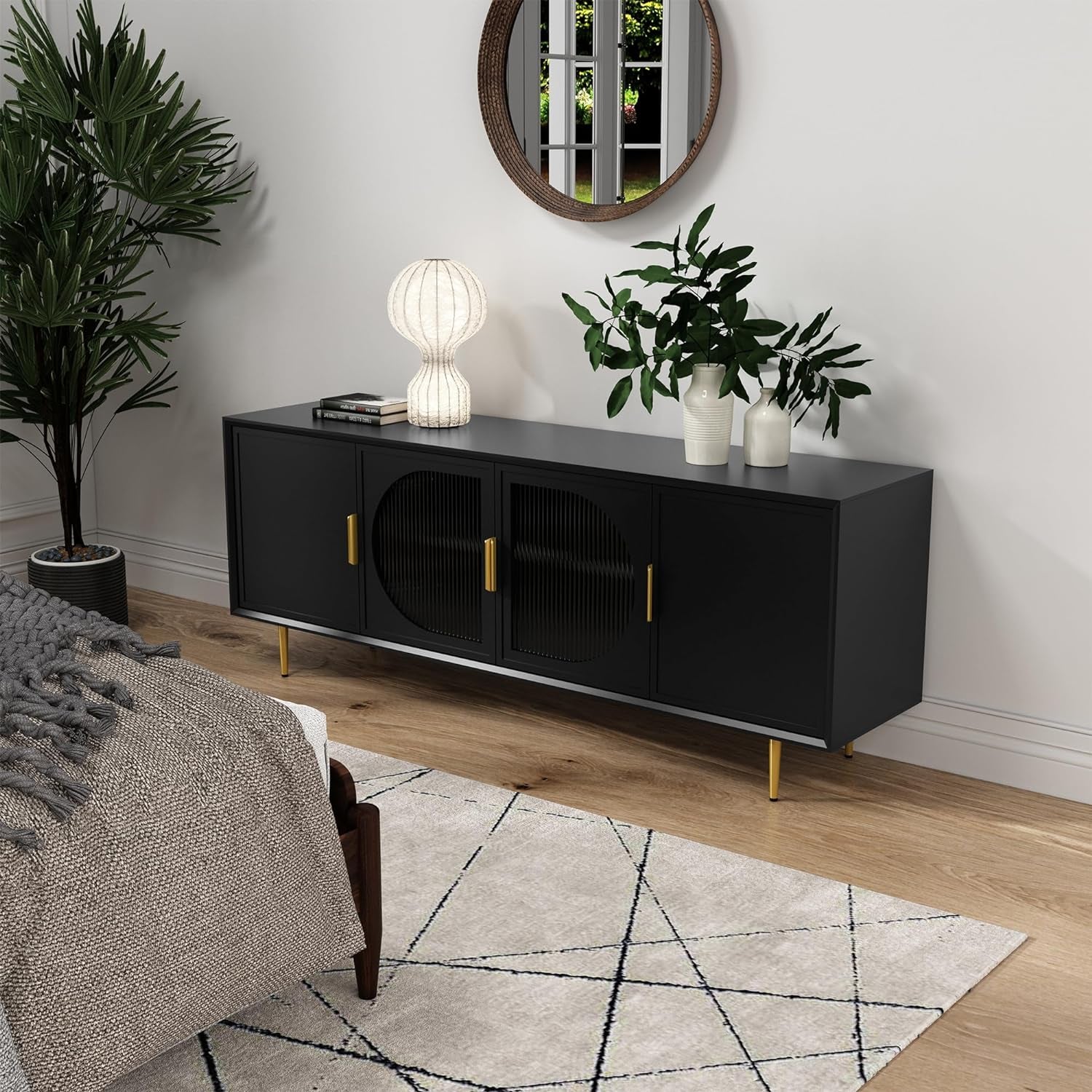 Modern TV Stand for 70 Inch TV, Black TV Console with 4 Glass Doors, Entertainment Center with Storage Cabinet, Wood Media Cabinet with Gold Leg, 65” TV Stands for Living Room