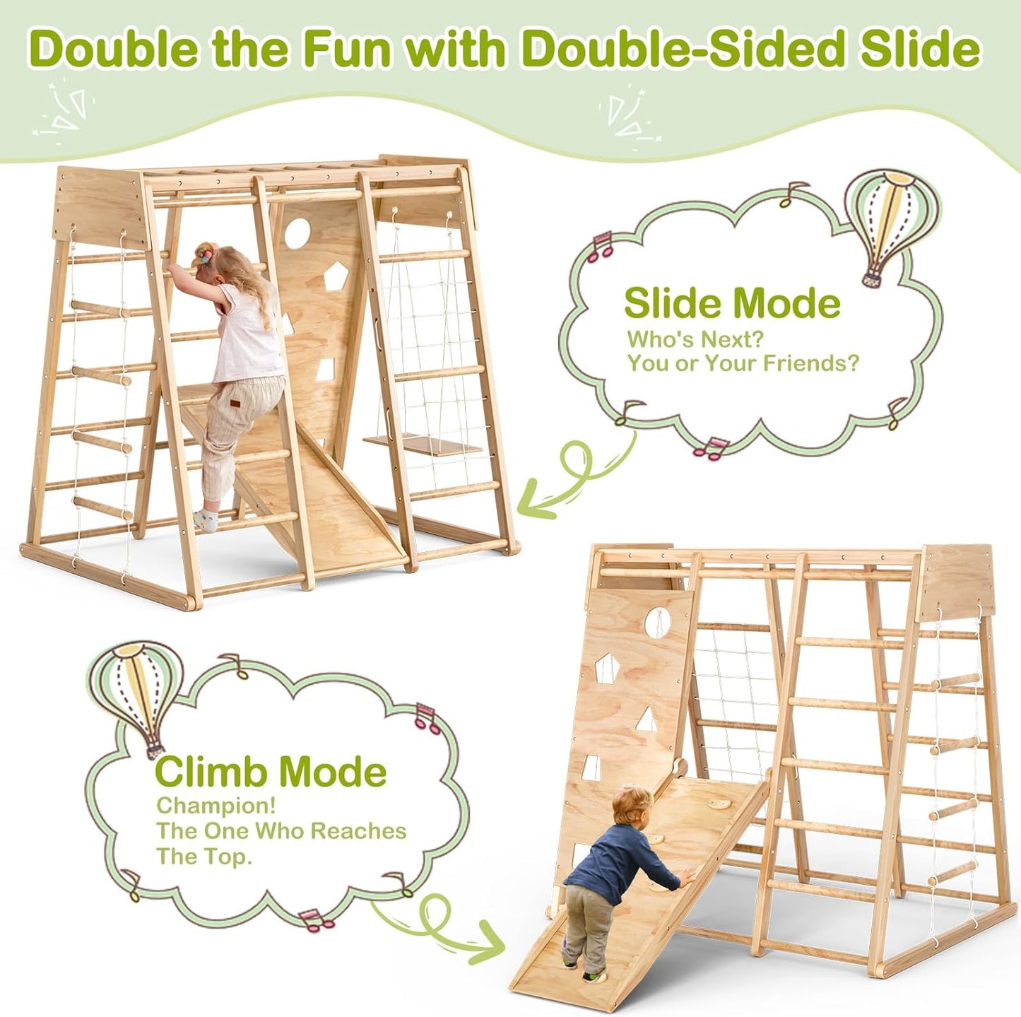 8-In-1 Indoor Jungle Gym for Toddlers with Slide, Climbing Toys for Toddlers 2-6 Yrs, Montessori Indoor Playground, Swing and Climbing Rock, Wooden Climber Playset for Kids