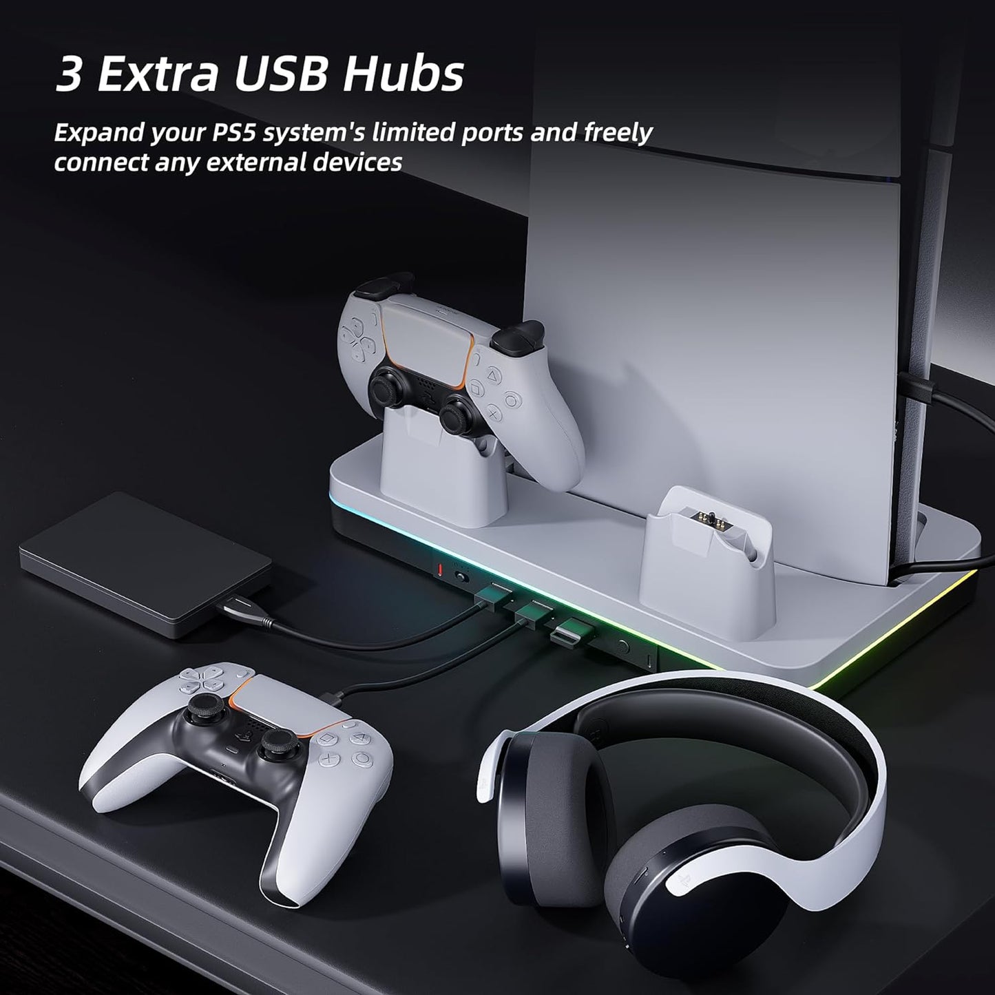 Cooling Station for PS5 Slim Console (Disc & Digital), PS5 Slim Stand with Fast Controller Charging Station, Controller Charger, 3 Speeds Cooling Fan, Headset Holder, RGB Lights & 3 USB Ports