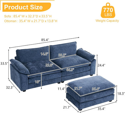 85.4" Cloud Sectional Sofa, Comfy L-Shaped Extra Deep Seat Sofa Couch for Living Room,Modern 2-Seat Convertible Loveseat Sofa with Ottoman for Small Space(Navy Blue)