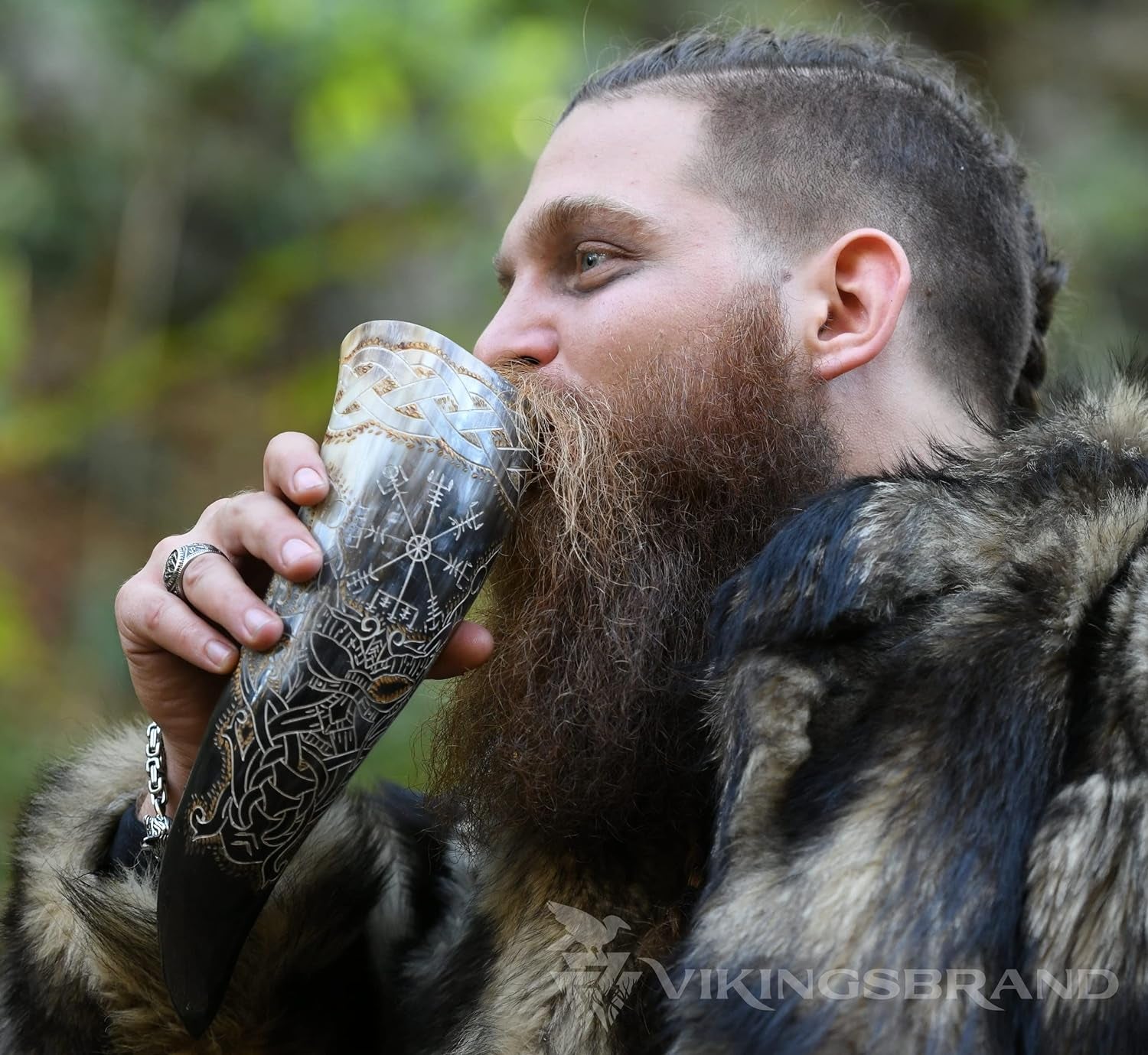 Authentic Handmade Viking Drinking Horn - Medieval Norse Ale Drinking Mug for Vikings with Stand - Hand Engraved Viking'S Drink Cup - Food Safe Beer Horns (Odin & Vegvisir - 14 Inches), 2 Piece Set