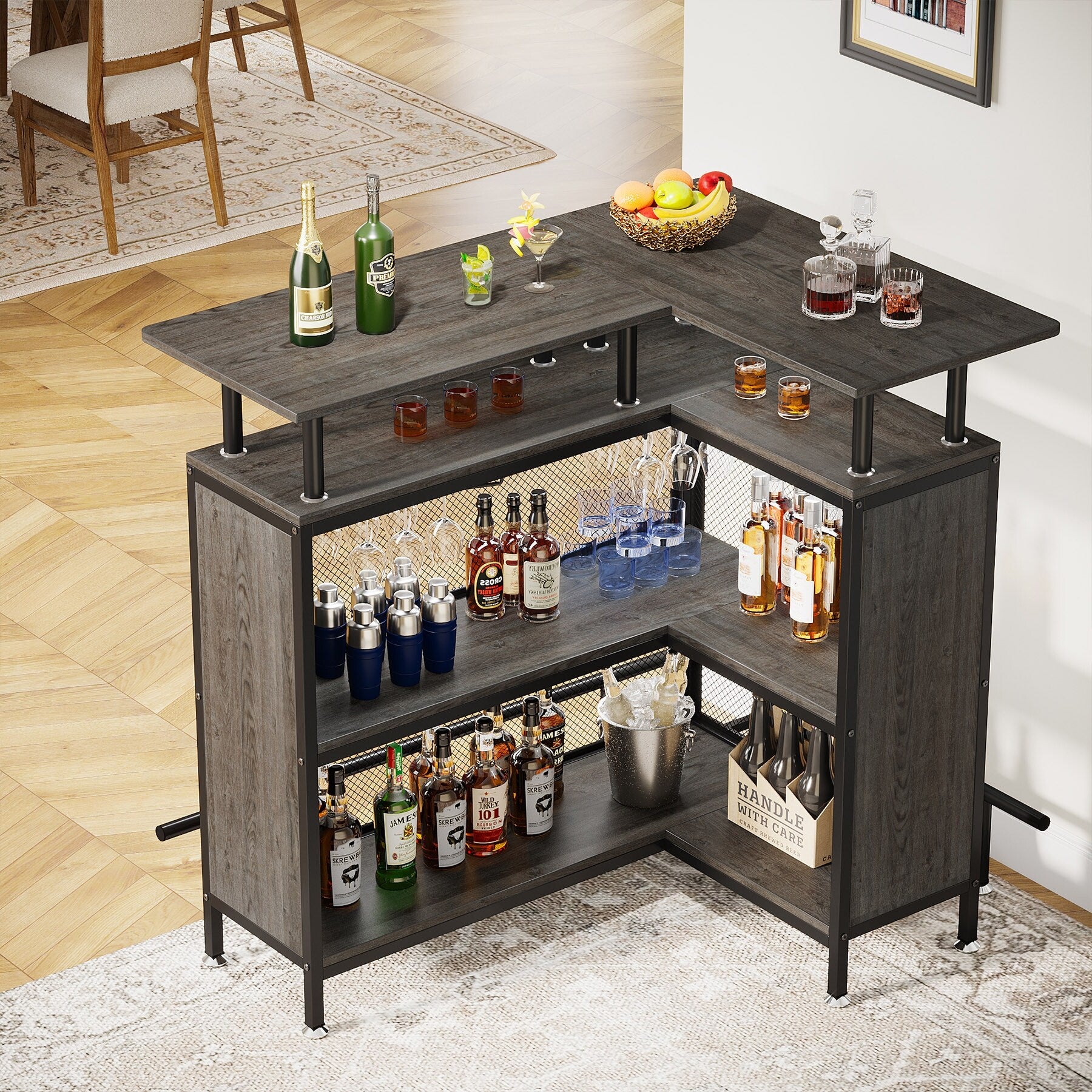L-Shape Home Bar Unit, Liquor Bar Table with 2-Tier Storage - N/A