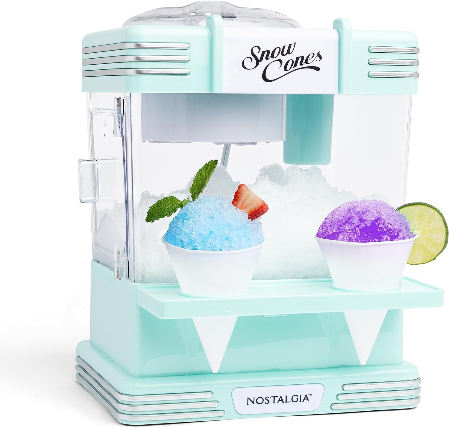 Snow Cone Shaved Ice Machine - Retro Table-Top Slushie Machine Makes 20 Icy Treats - Includes 2 Reusable Plastic Cups & Ice Scoop - Aqua