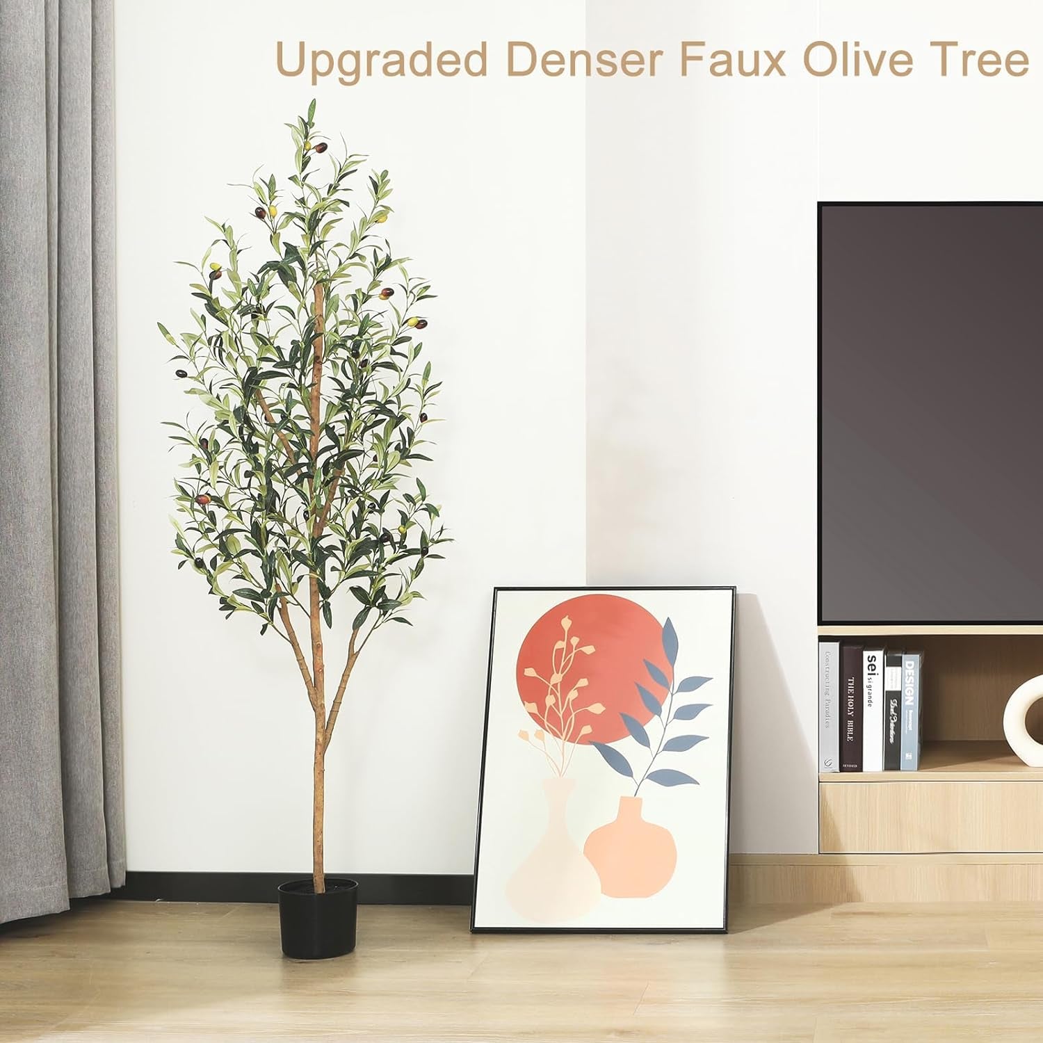 Artificial Olive Tree 5Ft, Lush Faux Olive Tree for Indoor with Natural Wood Trunk and Lifelike Fruits, Silk Tall Fake Olive Tree for Home Decor Office Living Room, 1Pcs