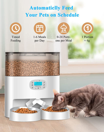 Automatic Cat Feeder,  6L Pet Feeder for 2 Cats & Dogs, Auto Cat Dry Food Dispenser with Desiccant Bag, Timer Feeder Portion Control 1-6 Meals per Day, Dual Power Supply, Voice Recorder