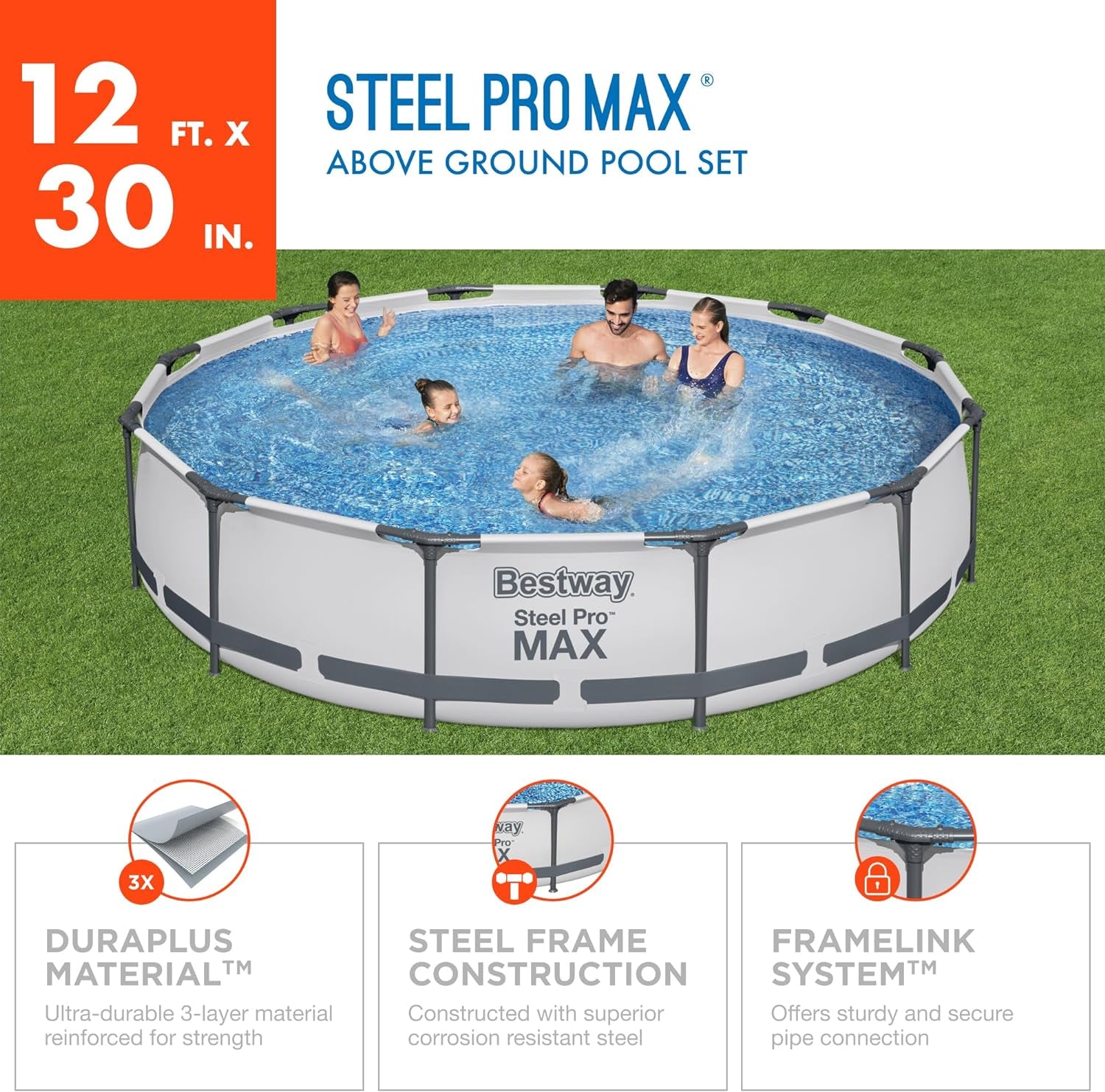 Steel Pro MAX 12 Foot X 30 Inch round Metal Frame above Ground Outdoor Backyard Swimming Pool Set with 330 GPH Filter Pump