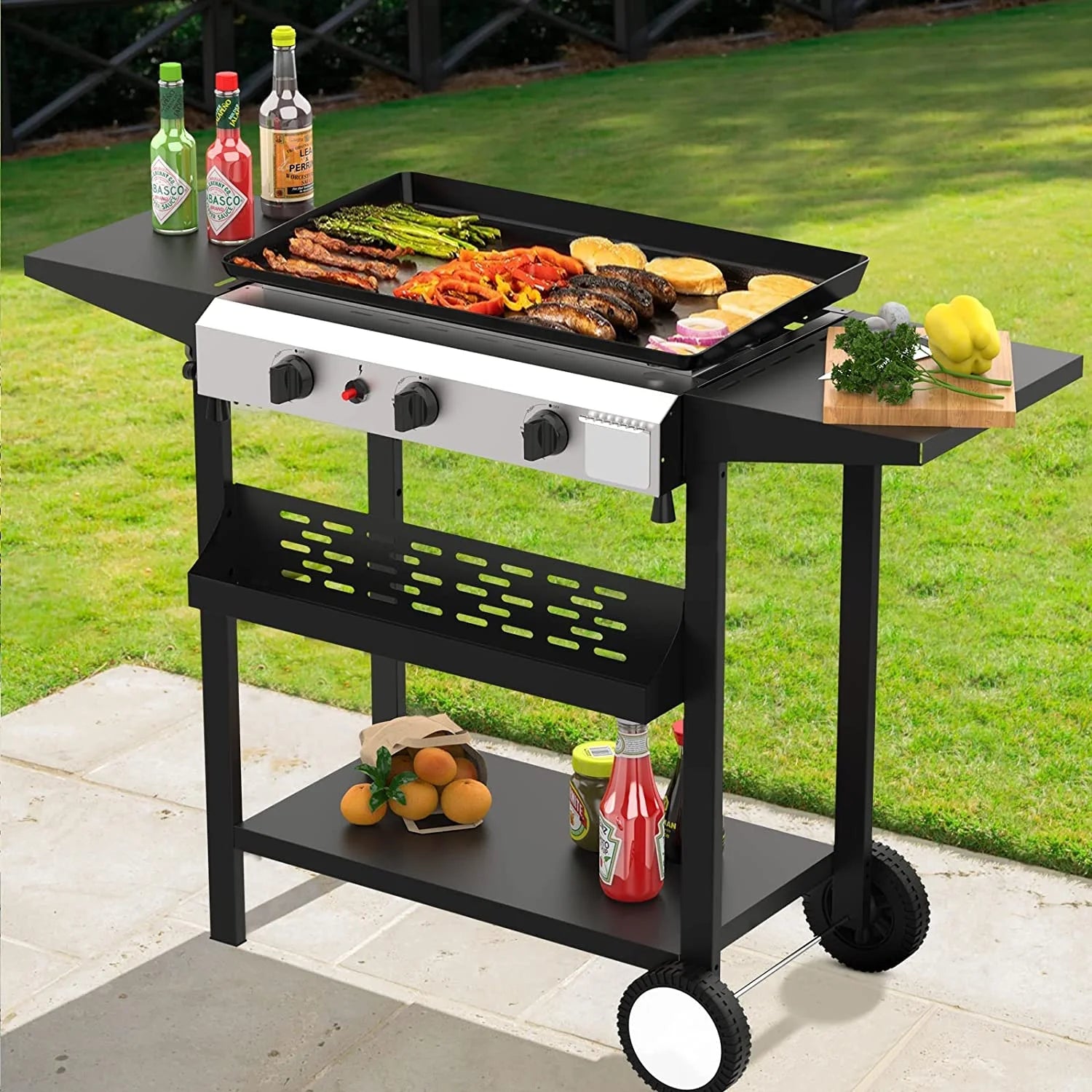 3 Burner Gas Griddle-Outdoor Propane Griddle-Btu Propane Fuelled, Portable Flat Top Gas Grill Camping Griddle Station with Side Shelves for Kitchen