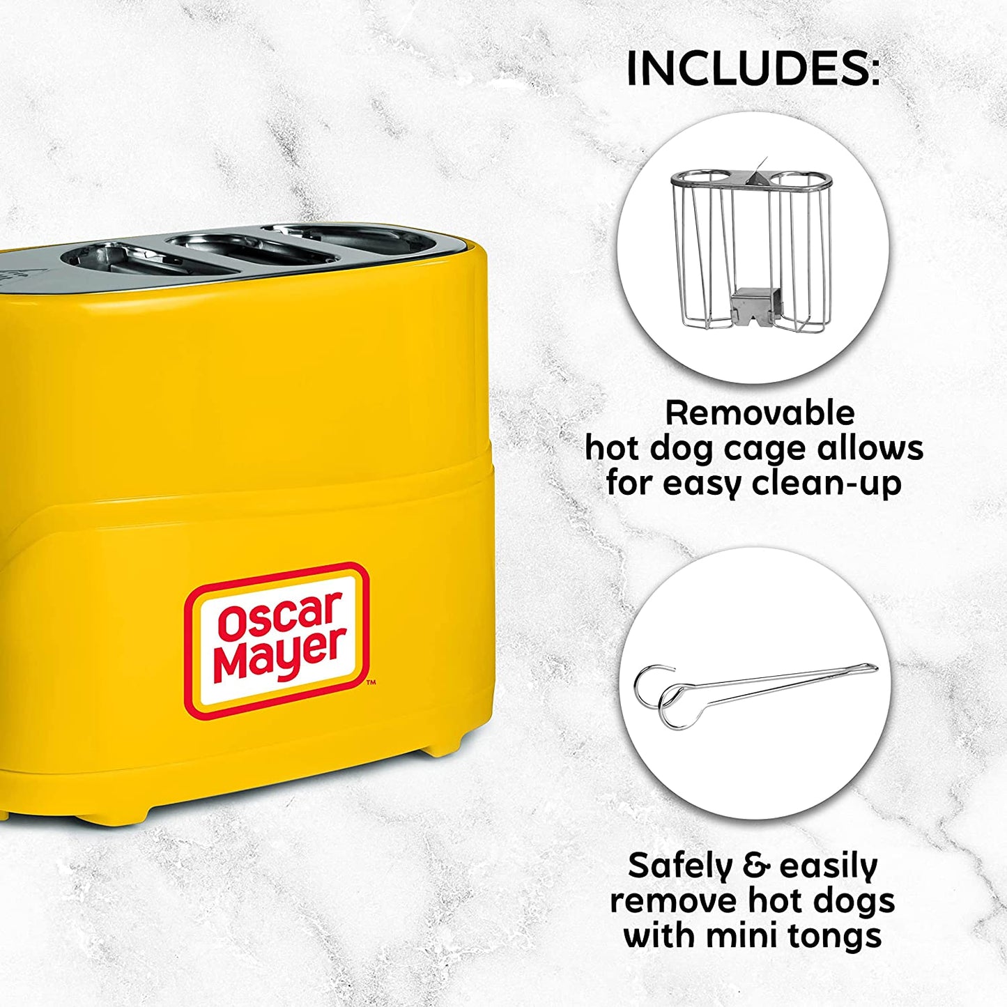 Oscar Mayer 2 Slot Hot Dog and Bun Toaster with Mini Tongs, Hot Dog Toaster Works with Chicken, Turkey, Veggie Links, Sausages and Brats, Yellow