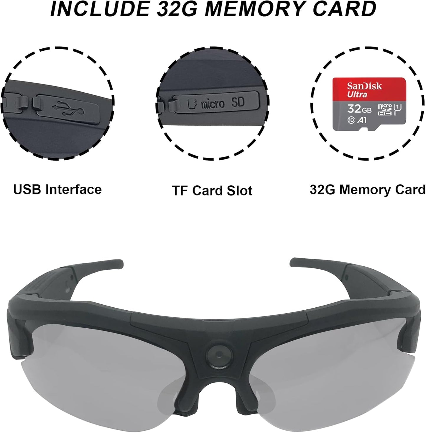 Camera Sunglasses, Wifi Video Glasses HD 1080P with Polarized UV 400 Lens for Cycling, Camping, Driving,Traveling(Include 32GB Card)