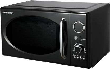 Radio .9 Cu Ft Digital Microwave Oven, Grill Function, 1,000 Watt, Retro & Chrome, 8 Pre-Programmed Settings, Express & Defrost, Chrome Handle & Control Buttons, Timer & LED Display,Black