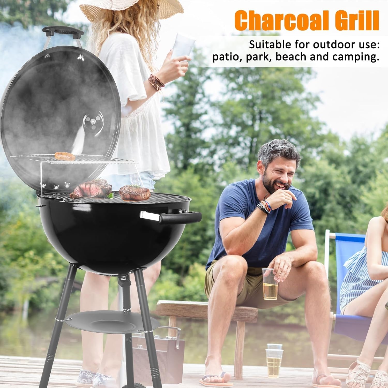 Electric Barbecue Grill Indoor Kettle Charcoal BBQ Grill Outdoor, Electric Grill & Charcoal Grill 2 in 1 for Patio, Camping, Cooking, Backyard with Porcelain-Enameled Lid and Wheels Black