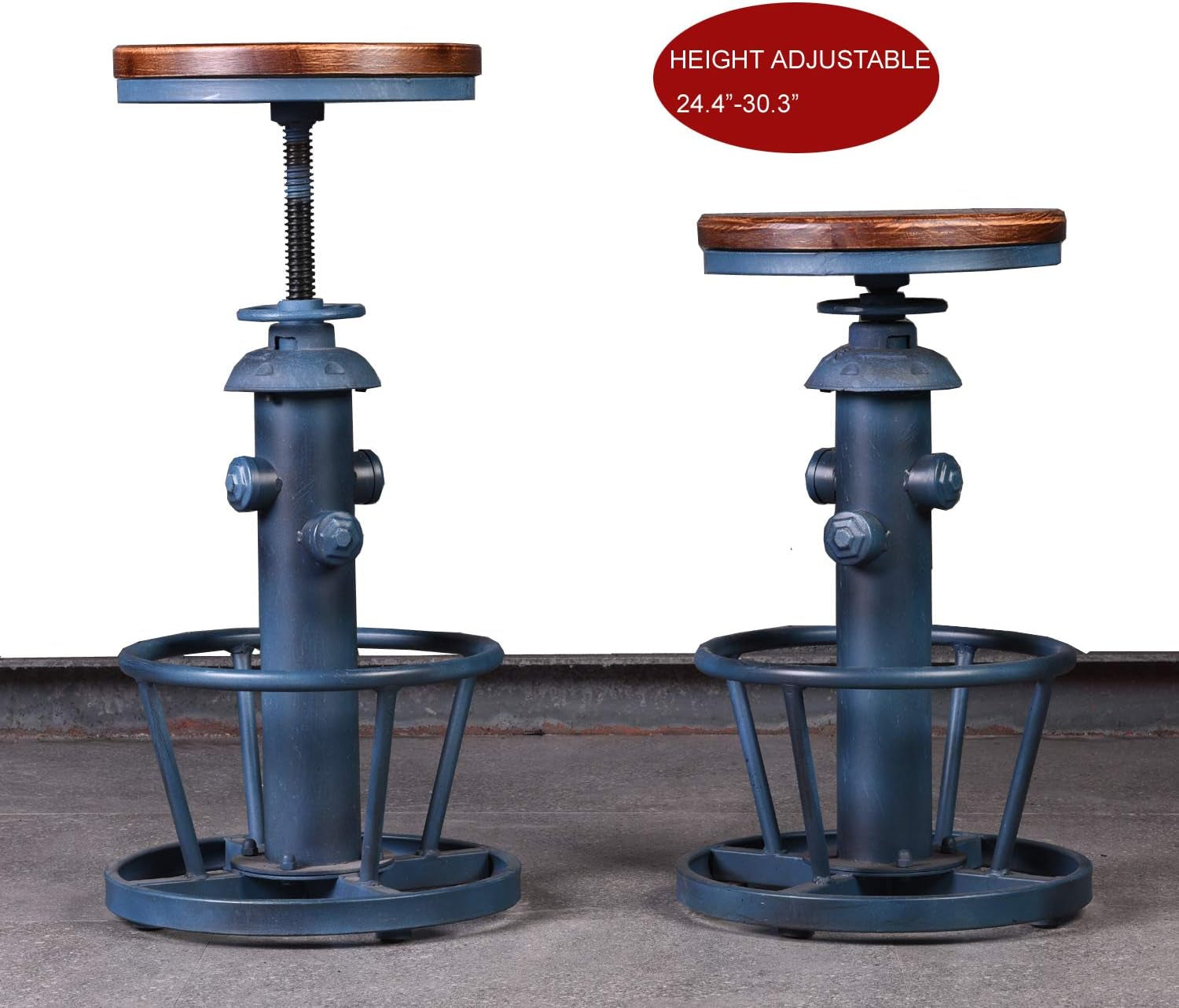 Aged Steampunk Deco Industrial round Bottom Adjustable Height Cafe Coffee Retro Vintage Fire Hydrant Design Pub Kitchen Counter Bar Stool (Antique Blue, Wooden Top)