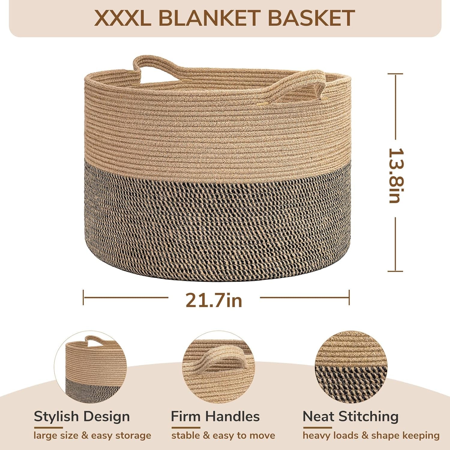 Extra Large Woven Baskets for Storage, 21.7 X 13.8 Blanket Basket Wicker Laundry Basket for Organizing Toy Pillow Shoe for Entryway &Living Room , Black Jute