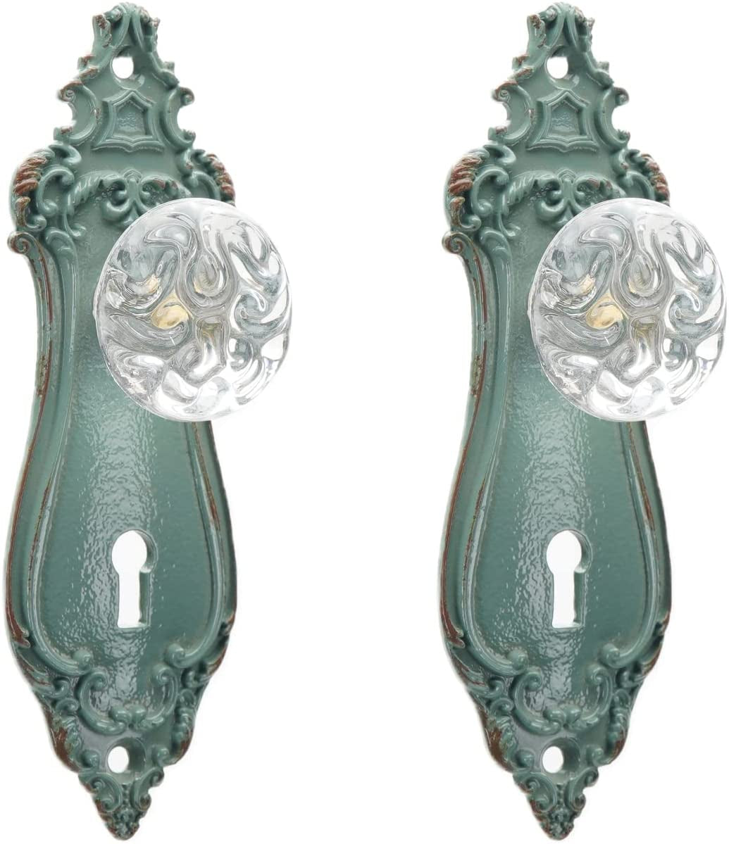 2Pcs Vintage Cabinet Dresser Drawer Pulls, Distressed Closet Handles with Clear Crystal, Door Knobs for Cupboard, Kitchen Furniture - Green