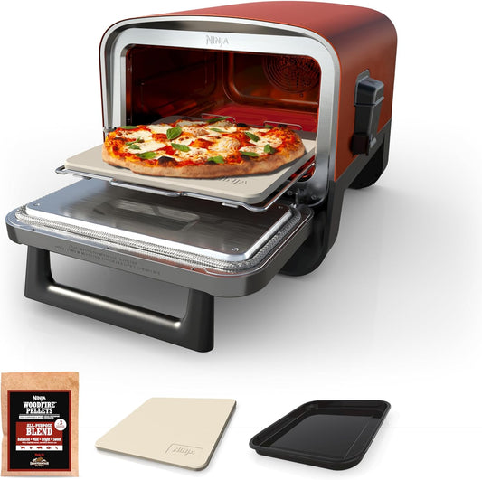 Woodfire Pizza Oven, 8-In-1 Outdoor Oven, 5 Pizza Settings,  Woodfire Technology, 700°F High Heat, BBQ Smoker, Wood Pellets, Pizza Stone, Electric Heat, Portable, Terracotta Red, 9X13