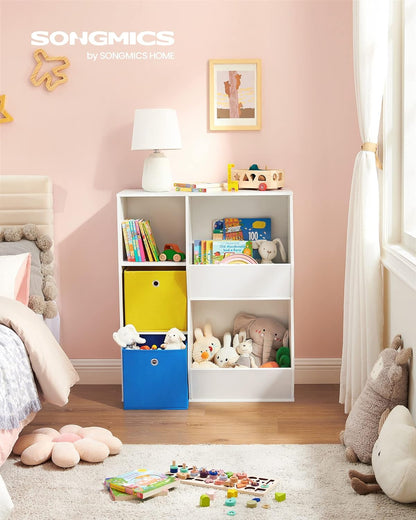 3 Shelves Toy Storage Organizer, with Compartments, Shelves and Fabric Bins, for Kids Room, Playroom, White