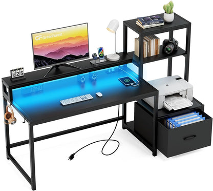 Computer Desk with Drawer and Printer Shelf, 59 Inch Gaming Desk with LED Lights and Power Outlets, Home Office Desk with Storage for Study Writing Working,Black