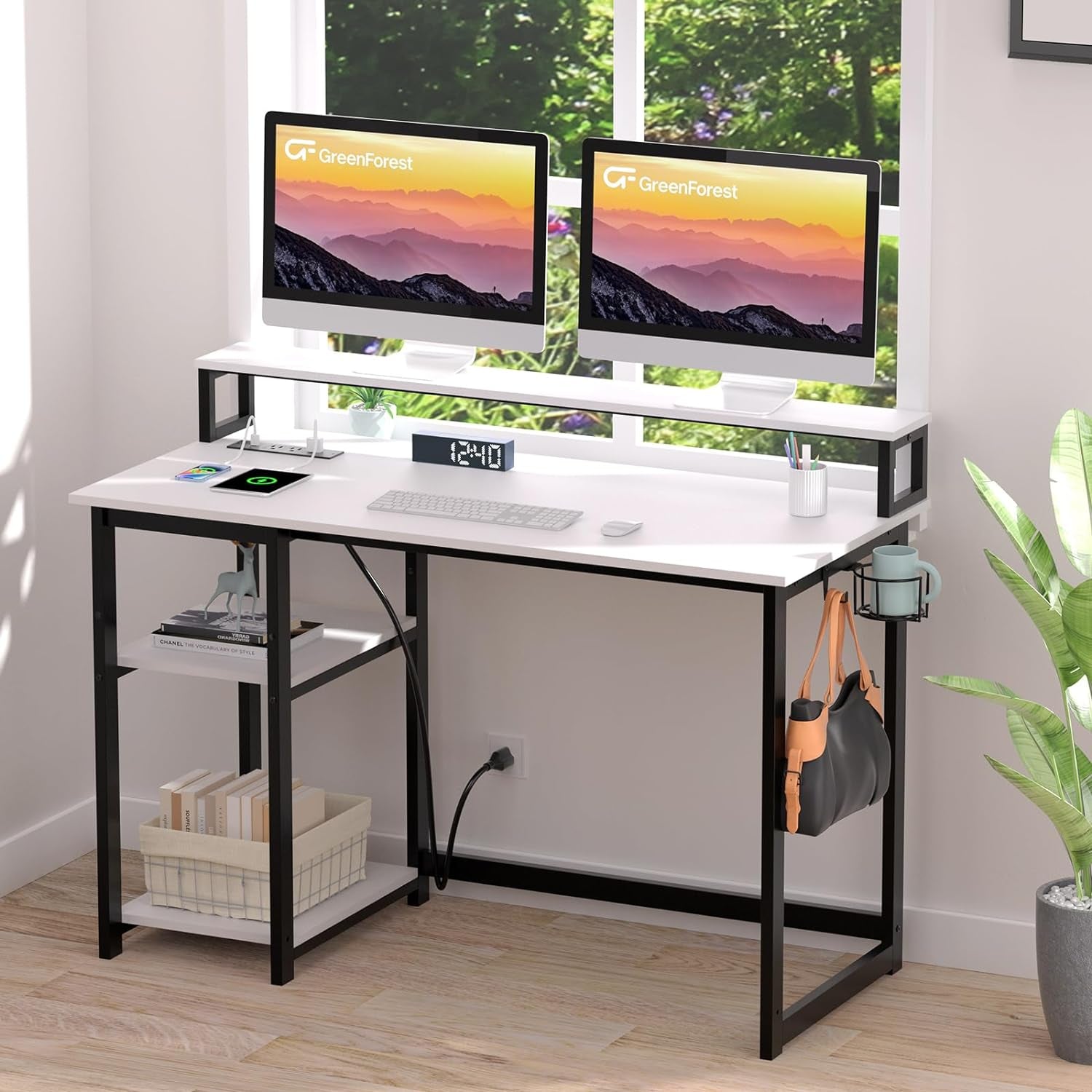 Computer Desk with USB Charging Port and Power Outlet, Reversible Small Desk with Monitor Stand and Storage Shelves for Home Office, 40 in Work Desk with Cup Holder Hook, White