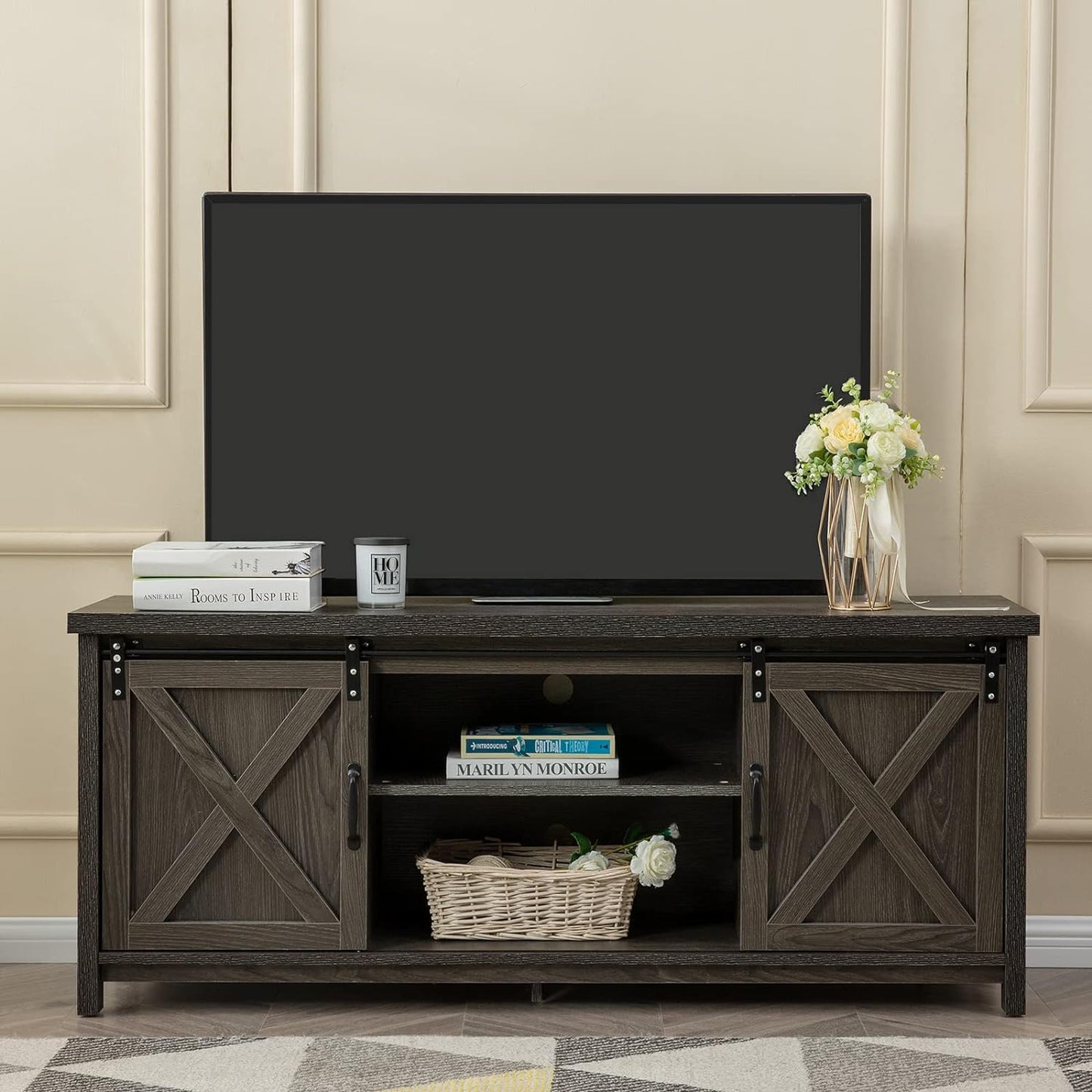 Modern Farmhouse TV Stand with Sliding Barn Doors, Media Entertainment Center Console Table for Tvs up to 65”,2-Tier Large Storage Cabinets,Rustic TV Stand for Living Room Bedroom,Dark Grey