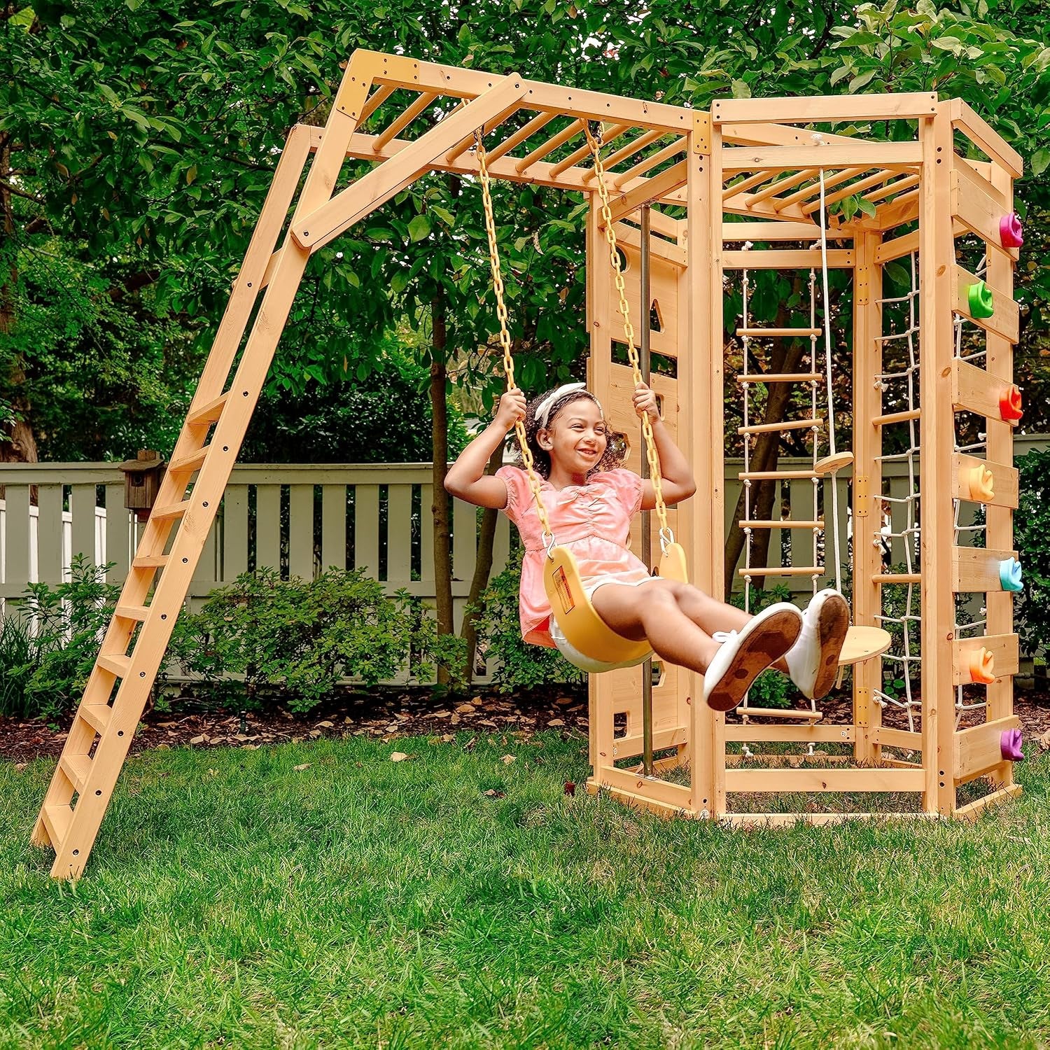 Hawthorn 9-In-1 Outdoor Activity Center | Swing, Rock Wall, Monkey Bars | Ages 3-11 | Pine Wood Construction | Climbing Rope, Net Wall | Strength, Coordination, and Imagination-Boosting Fun