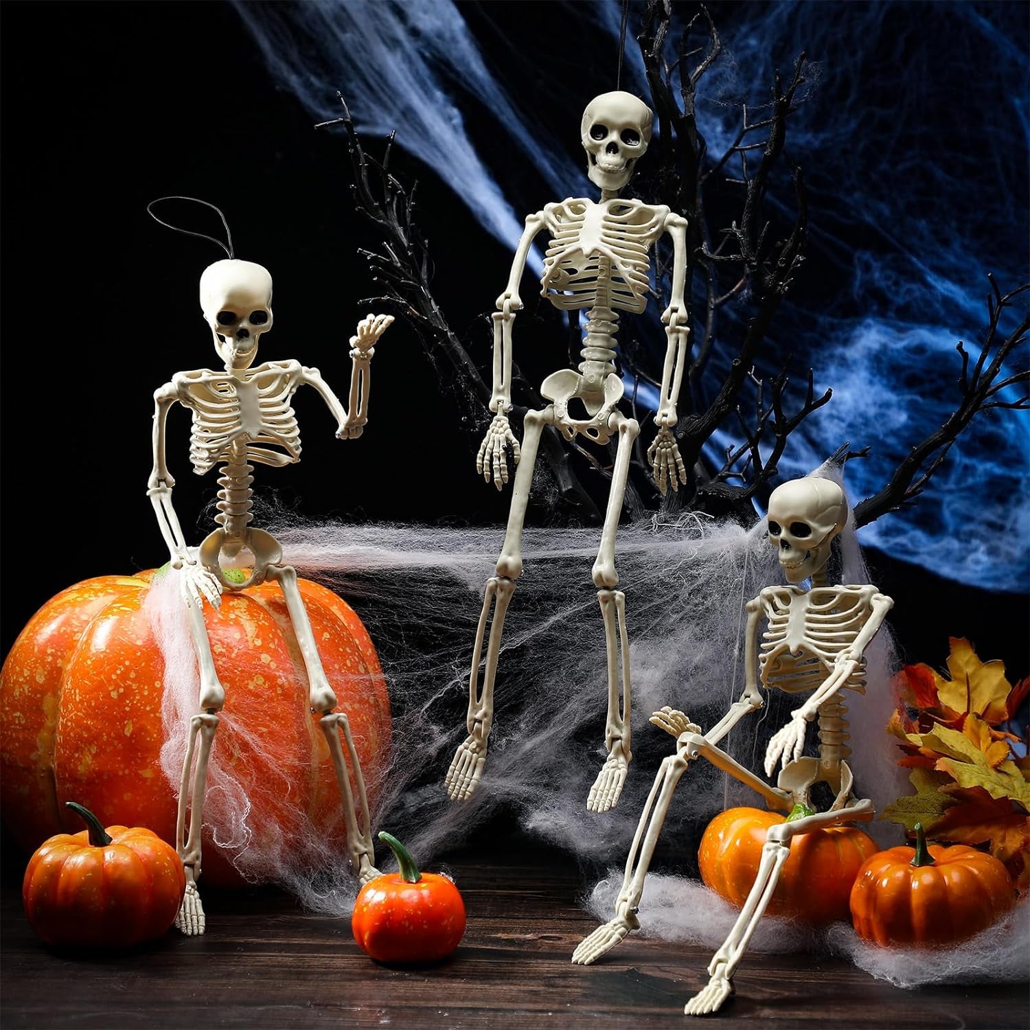 12 Pcs 16” Posable Halloween Skeleton Decoration Full Body Halloween Hanging Skeleton with Movable Joints Plastic Skeleton for Halloween Graveyard Haunted House Decor