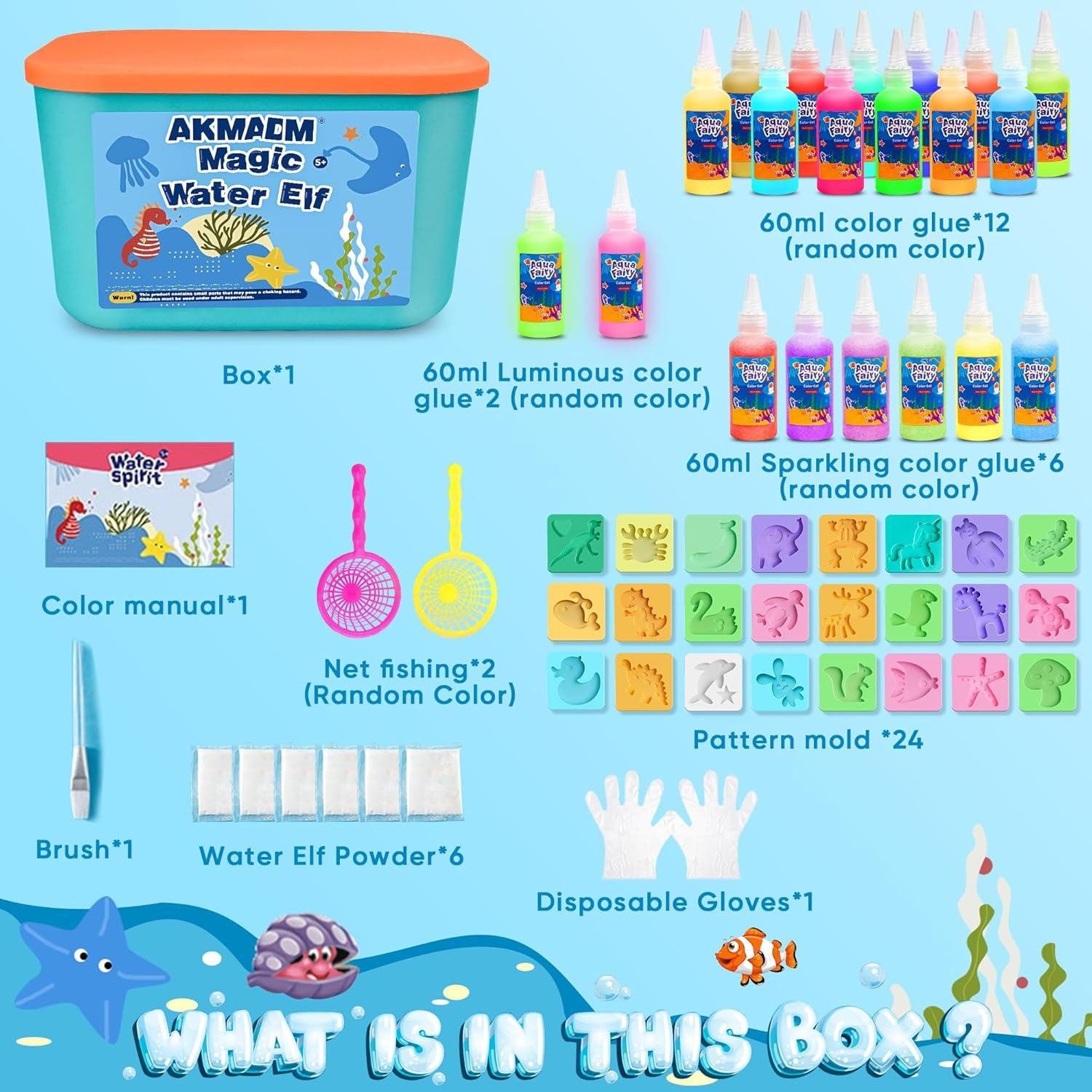 Aqua Fairy Water Gel Kit, Magic Water Elf, Handmade Water Toy, Creative Magic Water Toy Creation Kit, 60Ml Capacity Water Elf Set with 24 Shape Molds, Children'S DIY Aqua Fairy Marine Life(20 Colors)