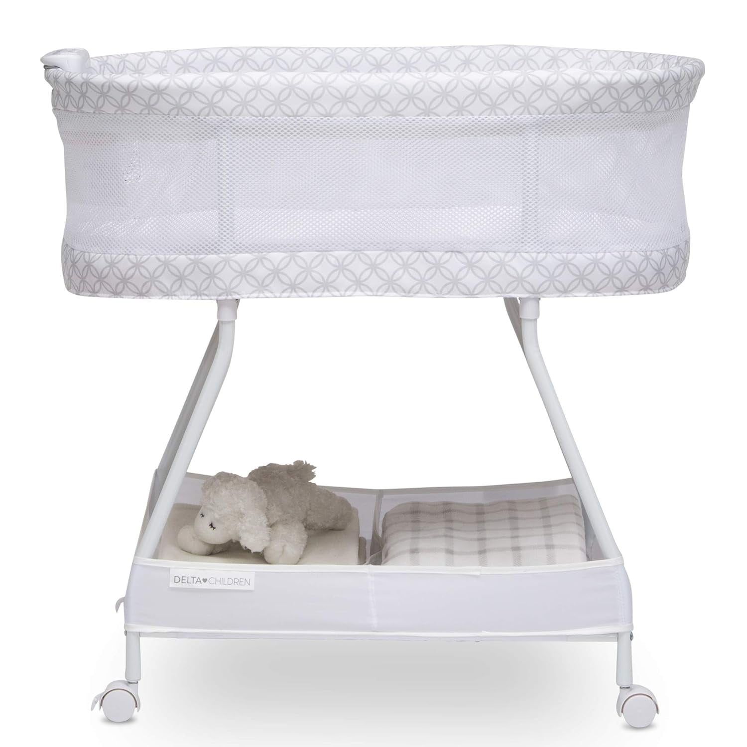 Sweet Dreams Bassinet with Airflow Mesh Bedside Portable Crib with Vibration Lights and Music, Grey Infinity - Design By Technique
