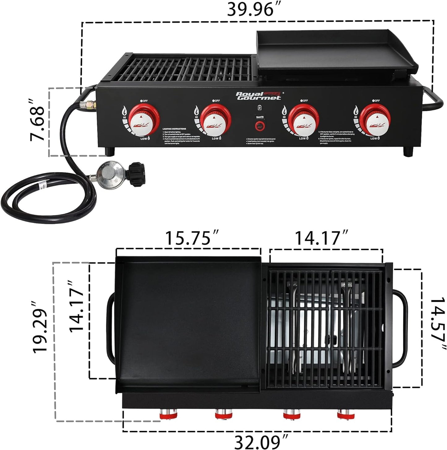 GD4002T 4-Burner Tailgater Grill & Griddle Combo, Portable Propane Gas Grill and Griddle, 2-In-1 Combo Design for Backyard or Outdoor BBQ Cooking, 40,000 BTU, Black
