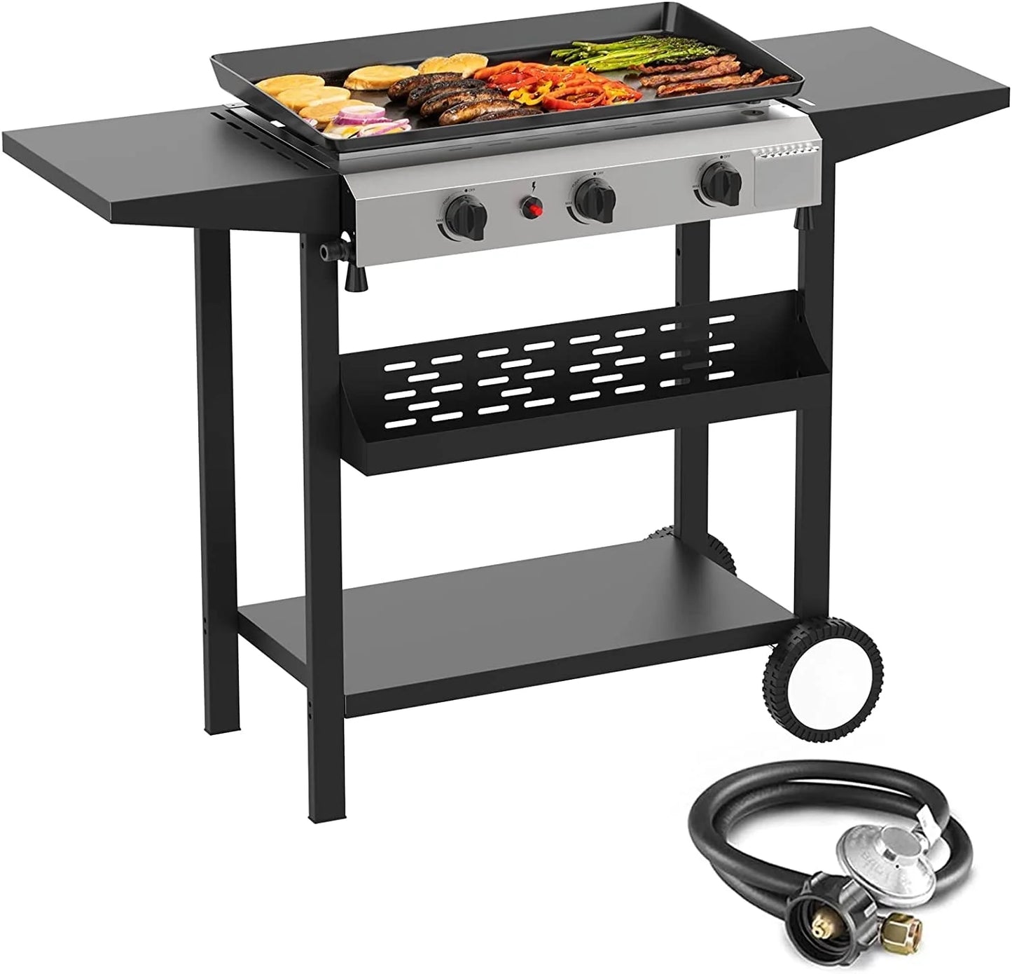 3 Burner Gas Griddle-Outdoor Propane Griddle-Btu Propane Fuelled, Portable Flat Top Gas Grill Camping Griddle Station with Side Shelves for Kitchen