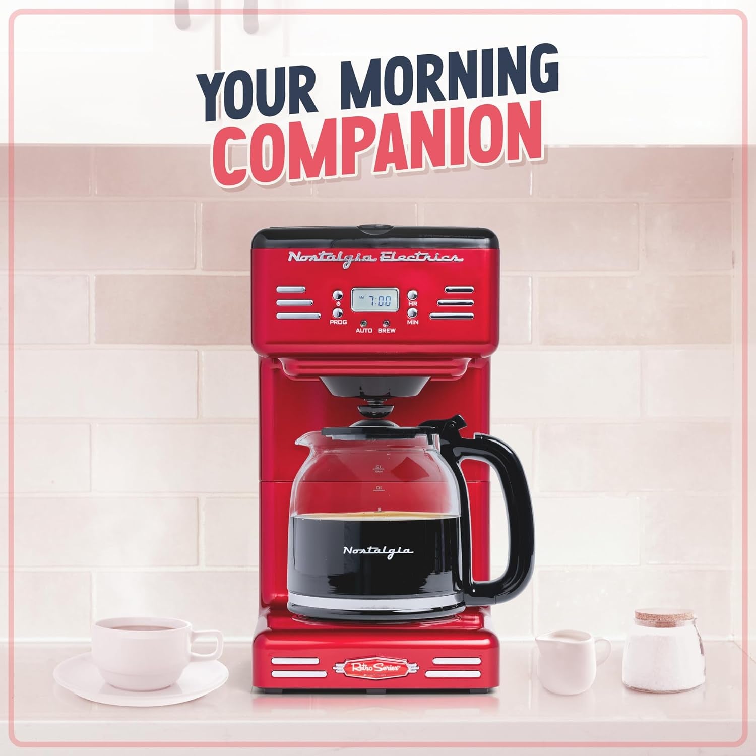 Retro 12-Cup Programmable Coffee Maker with LED Display, Automatic Shut-Off & Keep Warm, Pause-And-Serve Function, Red