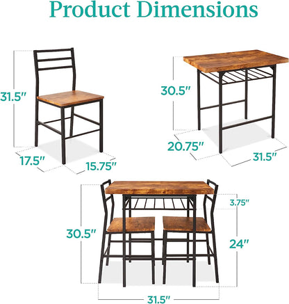 3-Piece Modern Dining Set, Space Saving Dinette for Kitchen, Dining Room, Small Space W/Steel Frame, Built-In Storage Rack - Brown - Design By Technique