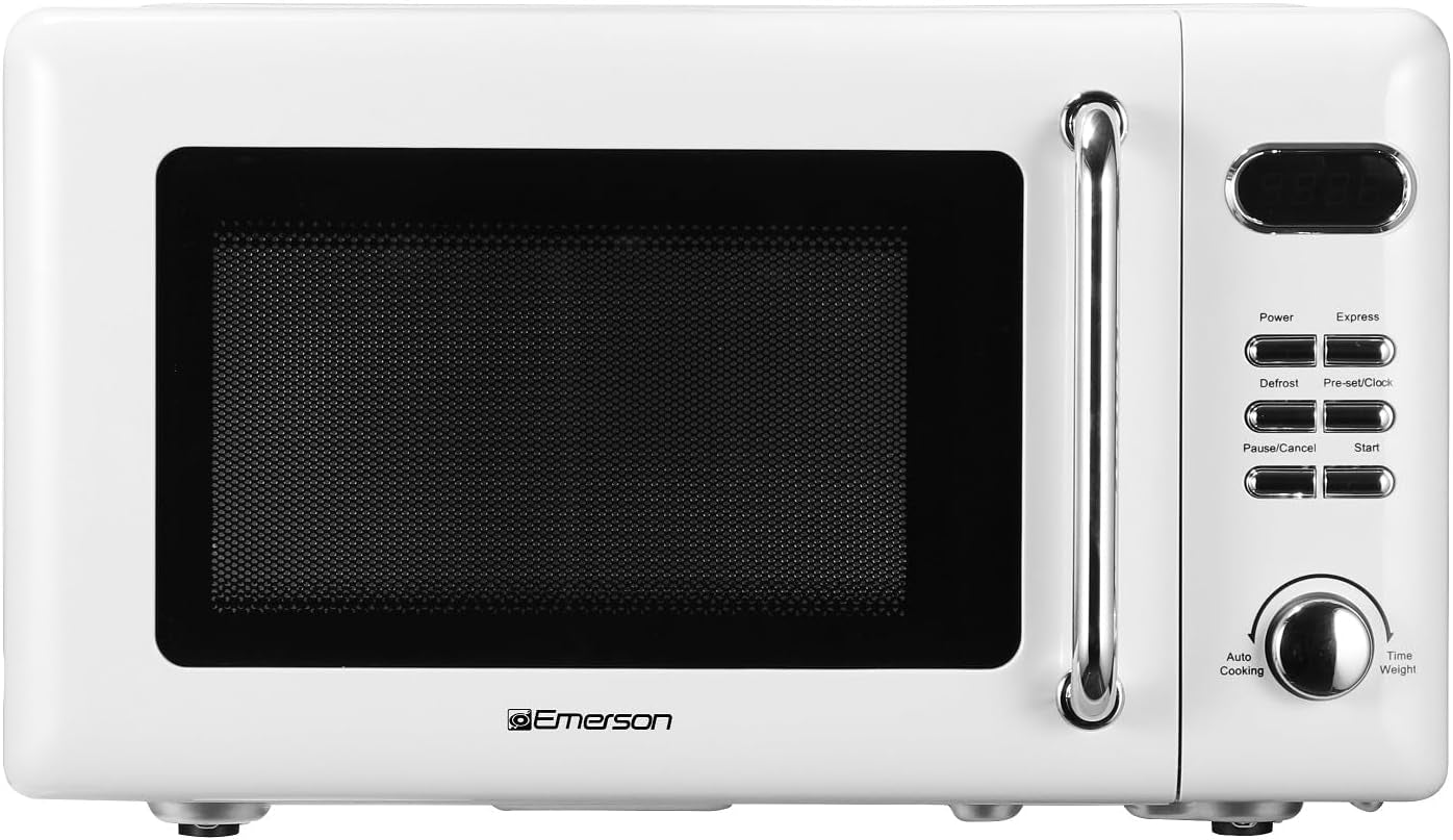 MWR7020W Compact Countertop Microwave Oven with Button Control, LED Display, 700W 5 Power Levels, 8 Auto Menus, Glass Turntable and Child Safe Lock, 0.7, Retro White