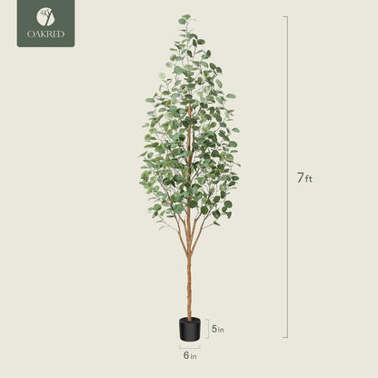 Artificial Eucalyptus Tree 7Ft, Tall Fake Eucalyptus Tree with Natural Wood Trunk and Silver Dollar Leaves, Silk Faux Eucalyptus Artificial Plants for Indoor Home Decor Office, 1Pcs