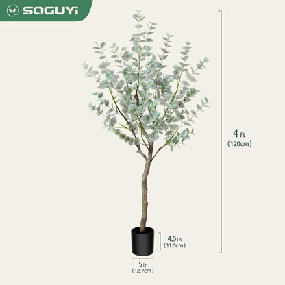 4Ft Artificial Eucalyptus Tree, Fake Eucalyptus Tree with White Silver Dollar Leaves, Silk Faux Eucalyptus Tree with Plastic Nursery Pot, Artificial Plants for Home Office Indoor Decor,1 Pack