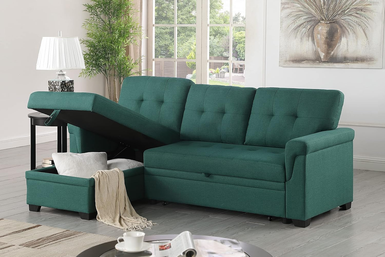 Lucca Green Linen Reversible Sleeper Sectional Sofa with Storage Chaise