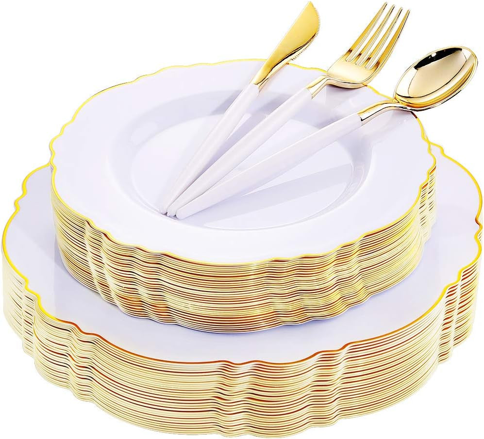 30Guest Gold Plastic Plates Disposable - Gold Plastic Silverware with White Handle Baroque Plates Disposable for Weddings, Parties, Mother'S Day